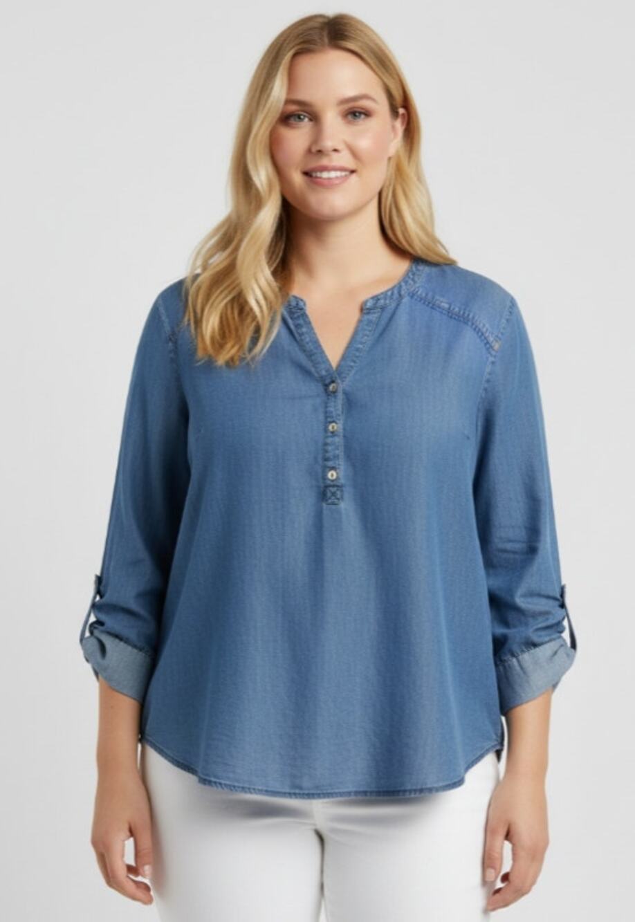 J. JILL DENIM LIGHT WASH CHAMBRAY POPOVER BLOUSE TOP WOMEN'S PLUS SIZE 3X